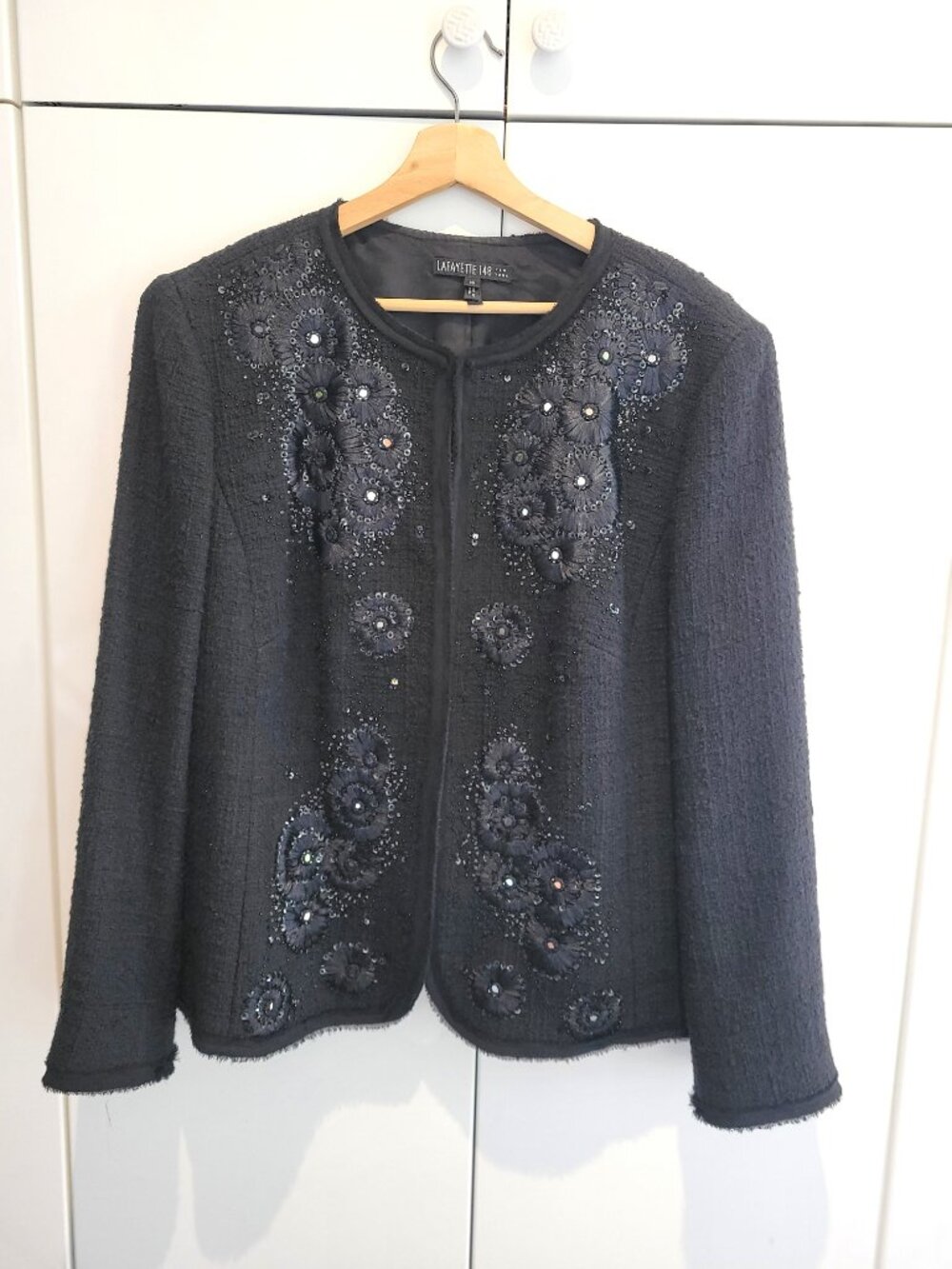 Lafayette 148 Beaded Collarless Black Cotton Evening Jacket Size 16